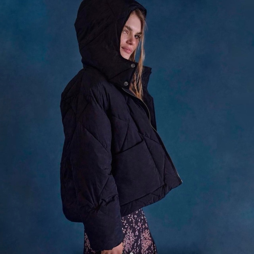 Free People Emmy Swing Black Hooded Puffer Jacket